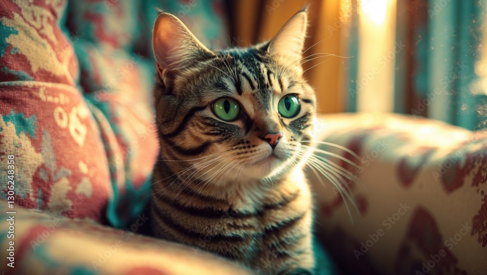Poster intimate shot of a charming tabby cat with distinctive stripes and vibrant green eyes, gazing though