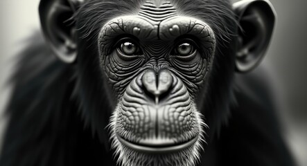 black and white portrait of a chimpanzee face