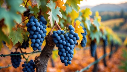 Naklejka premium Vibrant autumn hues in vineyards surrounding the wine town of Montalcino, Tuscany, showcasing ripe blue Sangiovese grapes post-harvest, close-up shot, Italy.