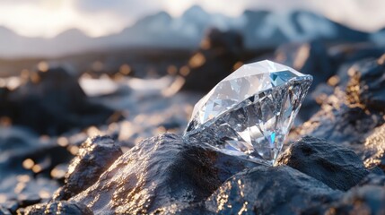 Obraz premium Diamond on volcanic rock, mountain sunset backdrop