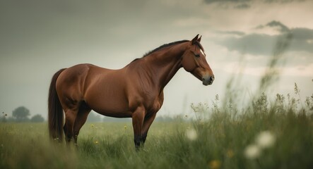 Obraz premium chestnut mare poised in a grassy meadow