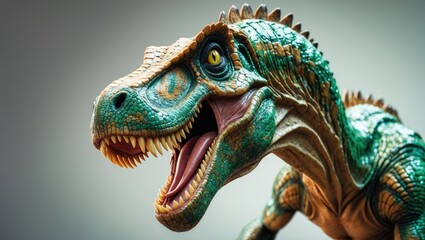 Fototapeta premium Velociraptor poised to strike against a plain white backdrop. This carnivorous dinosaur roamed the Earth during the Cretaceous period.