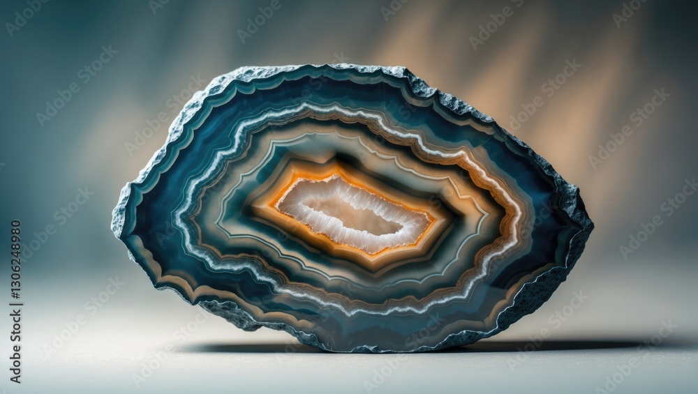 Poster Close-up view of a slice of natural agate stone showcasing intricate mineral patterns and textures for use as a background. Agate stone surfaces, backgrounds, and wallpapers.