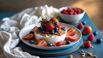 Yogurt topped with granola, strawberries, blueberries, and raspberries on a white plate, set on a blue tabletop with a towel.
