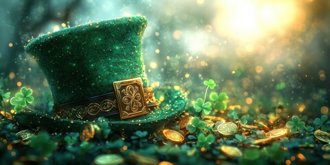 Delightful Green Leprechaun Hat Surrounded by Shimmering Gold Coins and Lucky Clovers