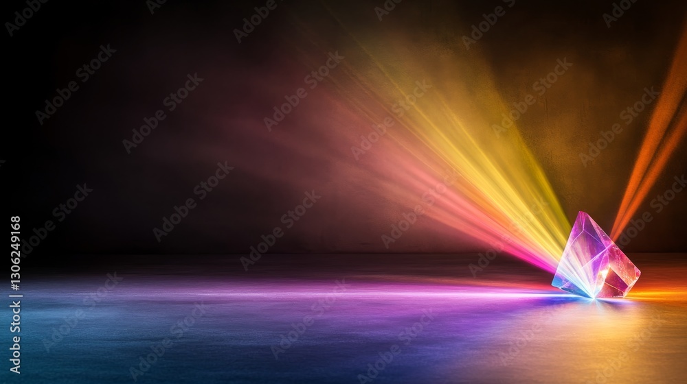 Poster a prism casts captivating rainbow light flares against a dark background, reflecting off a faceted c