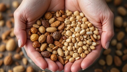 close-up of hands holding a mix of roasted almonds and other nuts and seeds. perfect for healthy eating, food blogs, and packaging.