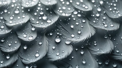 Raindrops covering a surface textured with gray feathers