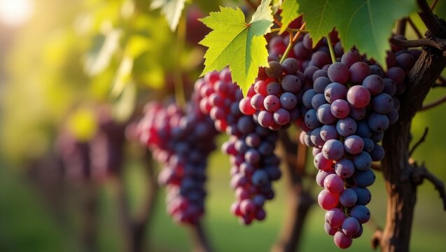 Bunches of gorgeous wine grapes dangling from the vine.