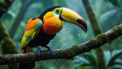 Fototapeta premium Intricate close-up of a toucan. Vibrant bird with a large beak, the chestnut-mandibled variety perched on a branch amidst tropical rain and lush greenery in Costa Rica.