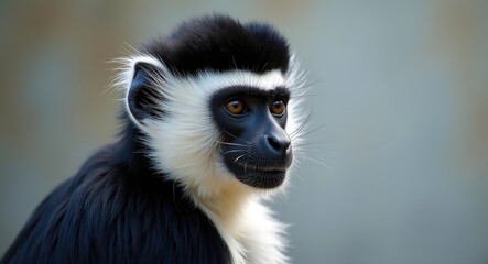 Portrait of a colobus monkey (Colobus guereza), gazing to the right.