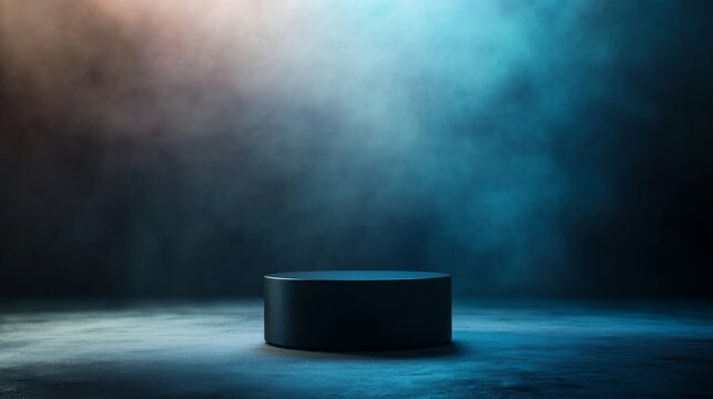 A round black pedestal with a matte finish stands on a dark gray surface, accentuated by a sharp spotlight for a captivating and dramatic effect