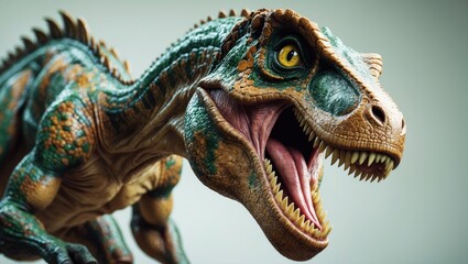 Fototapeta premium Velociraptor poised to strike against a plain white backdrop. This carnivorous dinosaur existed during the Cretaceous period.