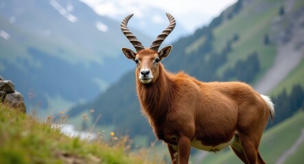 Obraz premium Caucasian tur (Capra caucasica) poses while gazing ahead. This goat-antelope is native to the mountainous regions of the western Caucasus Mountains.