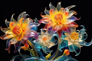 Fototapeta premium Abstract background of multi-colored glass flowers on a dark background. Fantastic macro photography