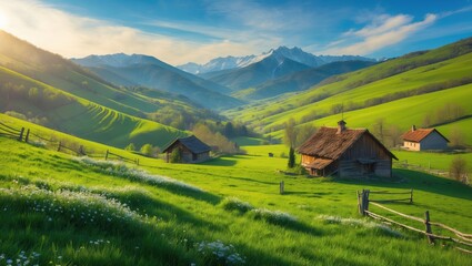 a picturesque view of Romania's breathtaking scenery. a sunny spring afternoon showcasing beautiful alpine landscapes. rolling hills and a verdant field. countryside atmosphere
