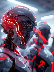 Futuristic humanoid robots with red neon lights in a tech environment