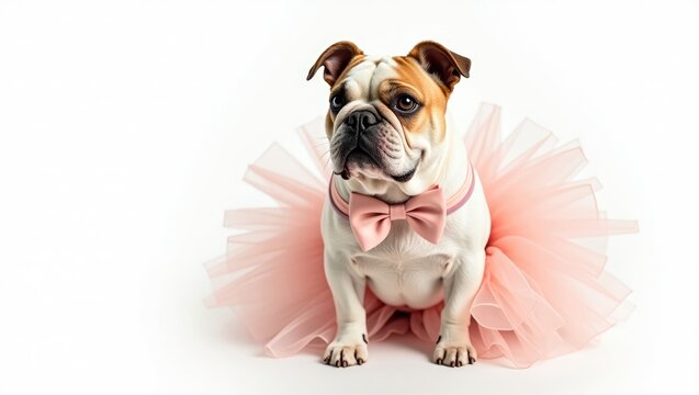 charming female bulldog dressed in a tutu against a white backdrop