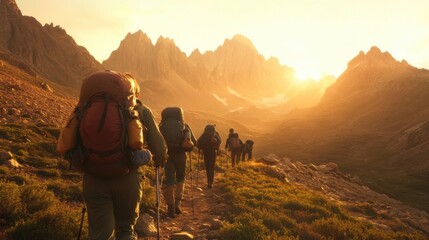 Obraz premium Group of hikers trekked through mountainous terrain during sunrise in breathtaking landscape