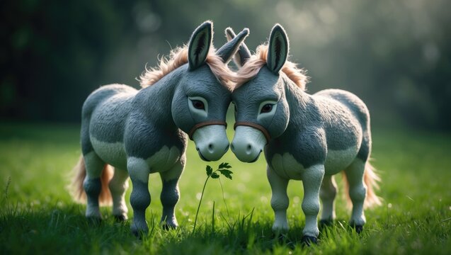 Two plush donkeys nuzzling while eating grass.