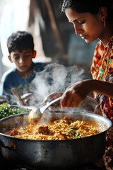 A mother stirs a steaming pot of chicken biryani while her son chops fresh herbs. The fragrant spices fill the air as they prepare the family meal.