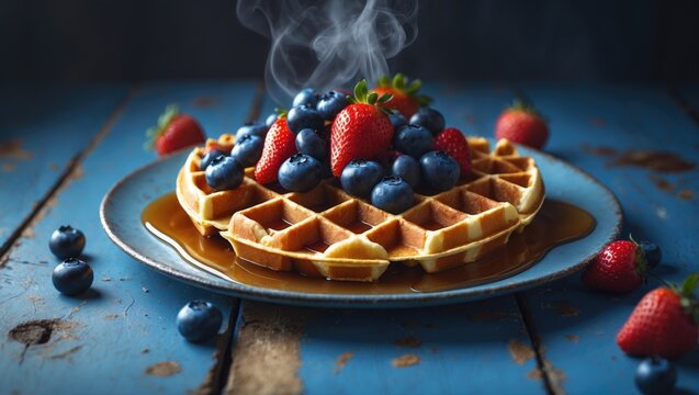 promotional image for a waffle dish displayed on a rustic blue table. Waffles topped with fresh berries and a generous drizzle of rich maple syrup