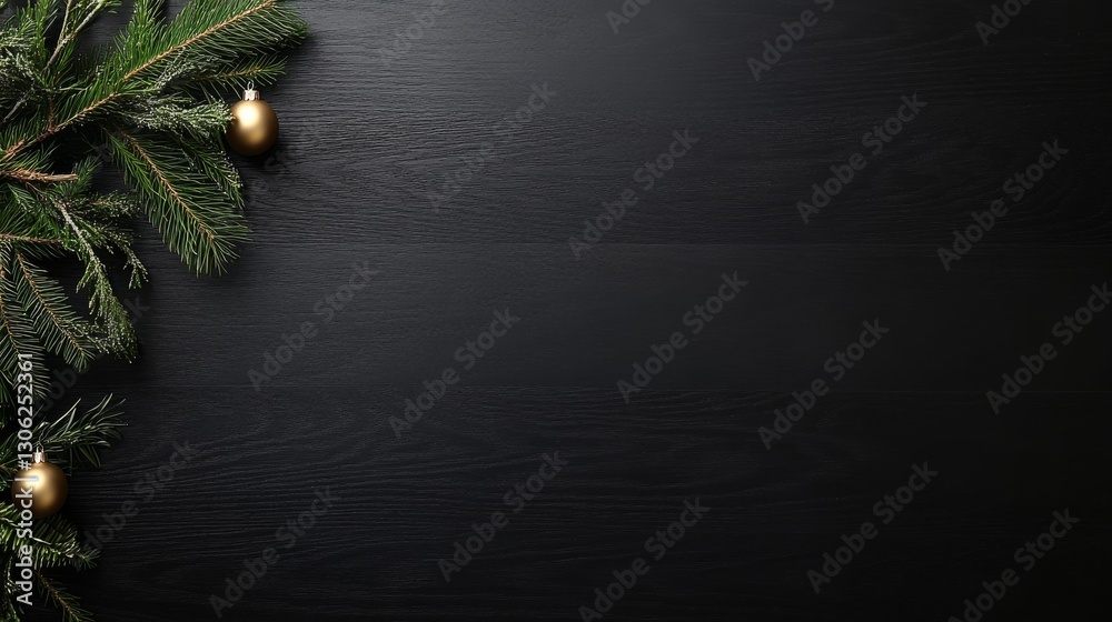 Aufkleber a dark wooden tabletop features lush green pine branches and shimmering golden baubles, elegantly se