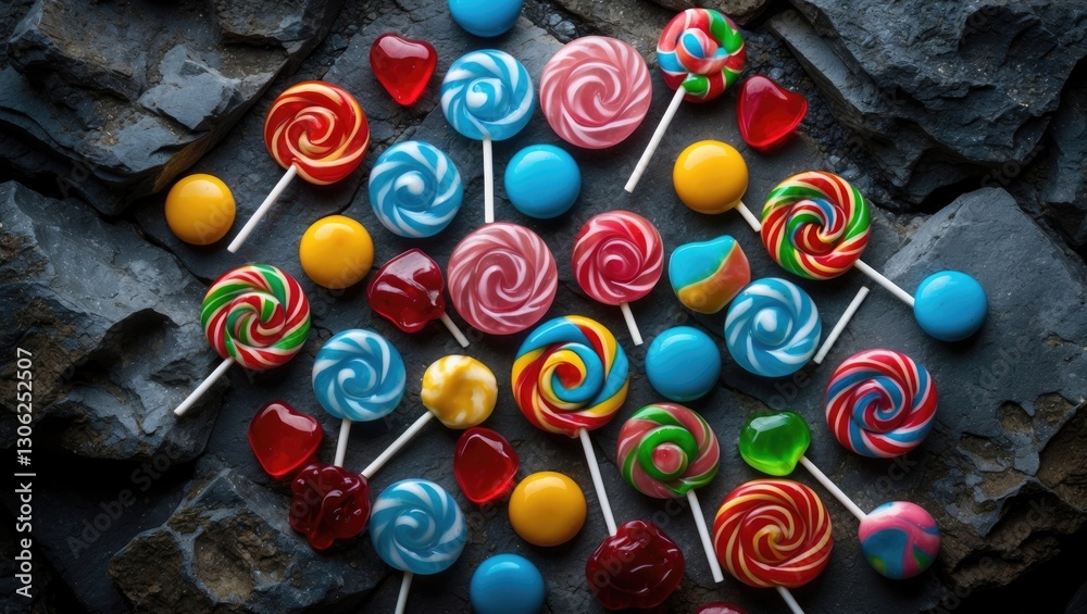 Poster vibrant sweets and lollipops scattered on a rocky surface. overhead view with space for text.