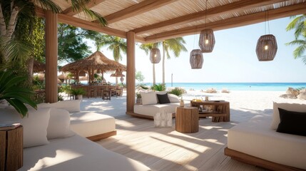 Obraz premium Beachfront resort lounge area, sun-drenched, tropical vibes