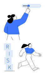 Person adjusting slider, a stack of RISK blocks, individual moving forward. Ideal for risk management, preparation, decision-making, progress, strategy, control abstract line flat metaphor