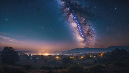 stunning view of the milky way galaxy over phitsanulok, thailand. Captured with long exposure, featuring some grain.