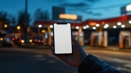 Nighttime urban scene with a person holding a smartphone near a gas station