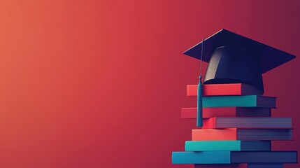 A graduation cap is placed on top of a stack of books