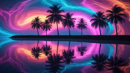 Obraz premium Silhouettes of tropical palm trees set against a vibrant, abstract, neon backdrop. Image showing palm trees mirrored in the water.