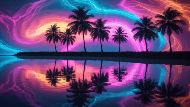 Silhouettes of tropical palm trees set against a vibrant, abstract, neon backdrop. Image showing palm trees mirrored in the water.