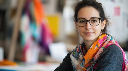 A stylish portrait of a young European woman wearing glasses and a colorful scarf, showcasing her creativity and passion for fashion in a vibrant studio setting.