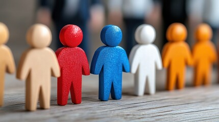 Diverse team of colorful abstract human figures standing together in progress in an organization or