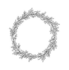 Christmas wreath with holly berries, mistletoe, flowers and leaves hand drawn black ink style sketch. Vector illustration isolated  © Creative_Juice_Art