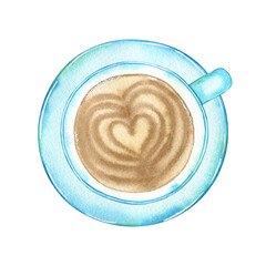 Watercolor png illustration: cappuccino latte coffee in blue ceramic cup with saucer with foam heart. Hand drawn isolated object on transparent. Element for design menu café, coffee house, bakery