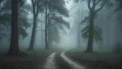 Fototapeta premium a trail winding through a misty woodland of trees