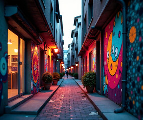 Fototapeta premium A vibrant city alley adorned with intricate street art patterns, blending geometric shapes and surrealist elements, illuminated by the warm glow of twilight.