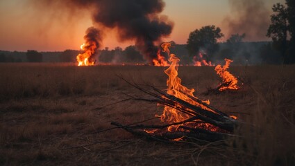 Burning dry grass in a countryside meadow at sunset. Wildfire consumes the field with orange flames and rising smoke. Open flames and bushfire in a natural area. Nature ablaze. Threat and Calamity.