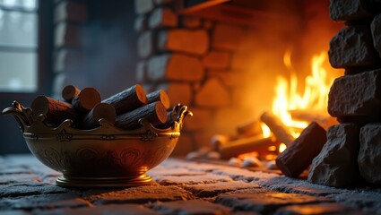Stylish metallic bowl filled with wooden logs beside a stone fireplace with crackling flames.