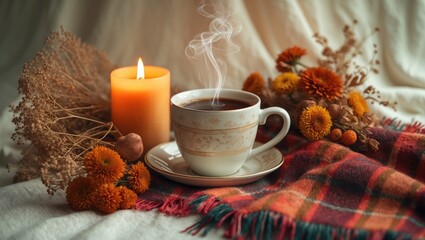 autumnal arrangement featuring a coffee cup on a light backdrop, with a tartan blanket, a candle, and dried flowers. Reflecting the essence of fall in an anime style.