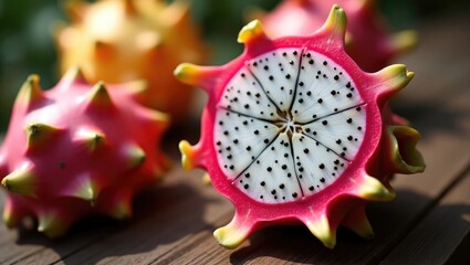 This fruit is known as dragon fruit, but it's technically classified as a cactus. Its scaly skin can be pink or yellow, with inner flesh that might be red or white, containing tiny black seeds.