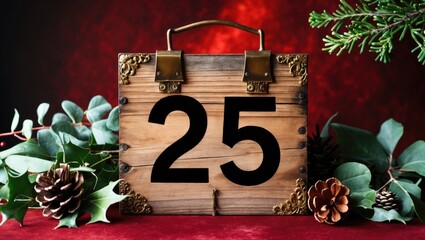 A wooden calendar displaying the date December 25 set against a red background with green festive decorations.