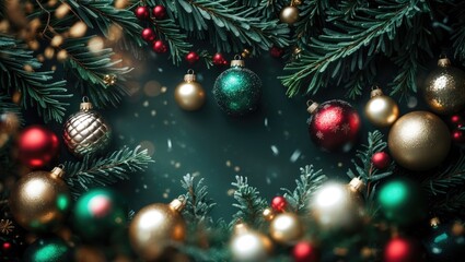 Fototapeta premium Thematic backdrop for the holiday season featuring evergreen branches and decorative baubles, viewed from above.