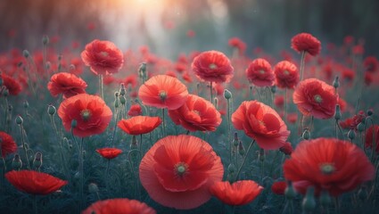 Obraz premium a repeating design of vibrant red flowers, including Mallow, Rudbeckia, and poppies.