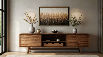 Wooden Console Cabinet Living Room Foyer Modern Contemporary Blank Wall Copy Room, simple, elegant which brings a very calm and elegant feel
