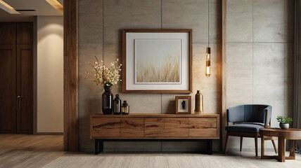 Wooden Console Cabinet Living Room Foyer Modern Contemporary Blank Wall Copy Room, simple, elegant which brings a very calm and elegant feel